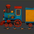 Vibrant Colorful Toy Train With Blue Red Yellow Headlights Wheels And Carriage