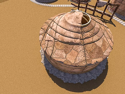 Circular Landscape Sculpture with Woven Texture Set On Sandy Ground Stone Border and Surrounding Structures 3d model