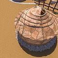 Circular Landscape Sculpture with Woven Texture Set On Sandy Ground Stone Border and Surrounding Structures