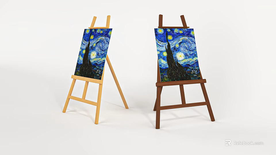 Two Wooden Easels Showing Van Gogh's Starry Night Painting In Different Tones 3d model 