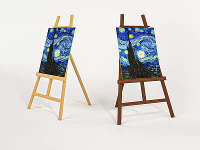Two Wooden Easels Showing Van Gogh's Starry Night Painting In Different Tones 3d model