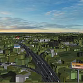 Aerial Planning Layout With Road Network Green Areas Buildings And Sunset Landscape