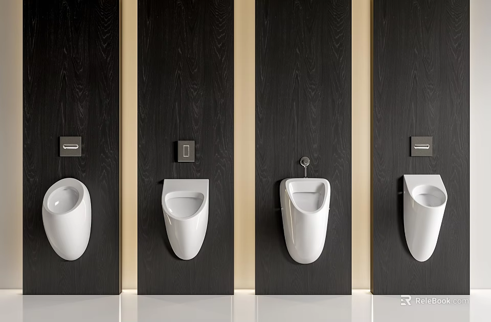 White Modern Urinals Installed On Dark Wooden Wall Partitions With Flush Controls 3d model 