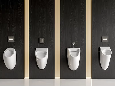 White Modern Urinals Installed On Dark Wooden Wall Partitions With Flush Controls 3d model