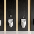 White Modern Urinals Installed On Dark Wooden Wall Partitions With Flush Controls