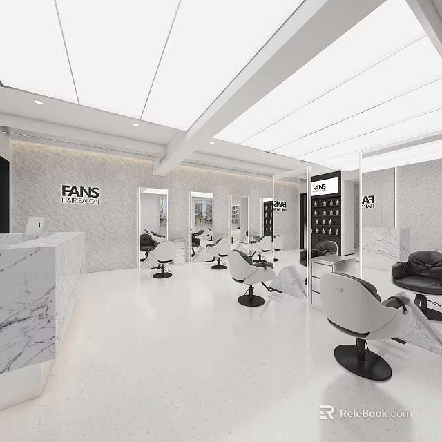 Modern Hair Salon Interior Design With White Styling Chairs Marble Reception Desk And Mirrors 3d model 
