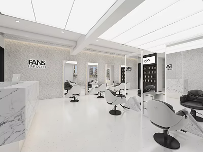 Modern Hair Salon Interior Design With White Styling Chairs Marble Reception Desk And Mirrors 3d model