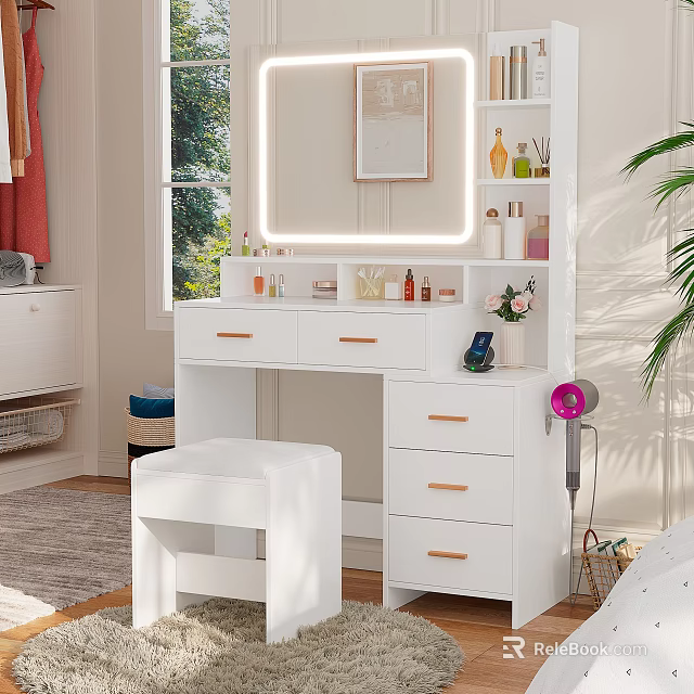 Decorative Ornament Set For Dressing Table With Mirror Cosmetics Potted Plant And Stool 3d model 