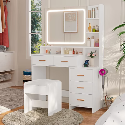 Decorative Ornament Set For Dressing Table With Mirror Cosmetics Potted Plant And Stool 3d model
