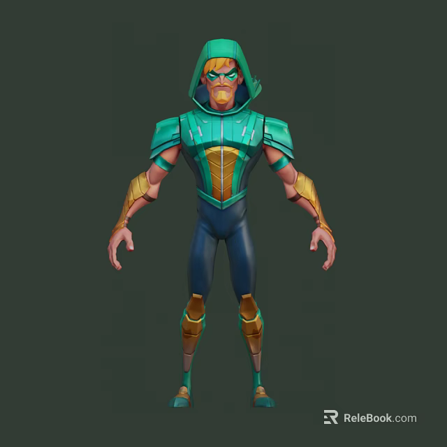 Green Hooded Game And Movie Character With Blue Suit Gold Accents And Glowing Eyes 3d model 