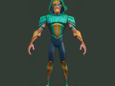 Green Hooded Game And Movie Character With Blue Suit Gold Accents And Glowing Eyes 3d model