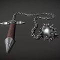Medieval Spiked Flail Weapon With Metal Chain And Wooden Handle