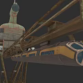 Industrial Electric Tram On Elevated Metal Tracks With Vintage Design Features