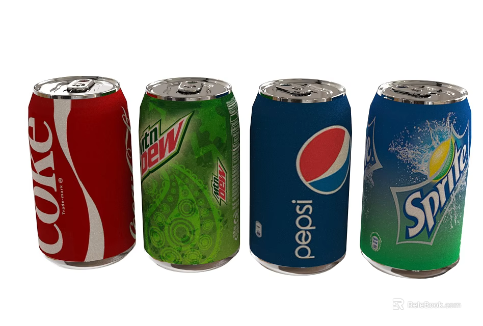 Assorted Colorful Canned Carbonated Beverages Featuring Coke Mountain Dew Pepsi And Sprite 3d model 
