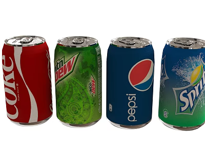 Assorted Colorful Canned Carbonated Beverages Featuring Coke Mountain Dew Pepsi And Sprite 3d model