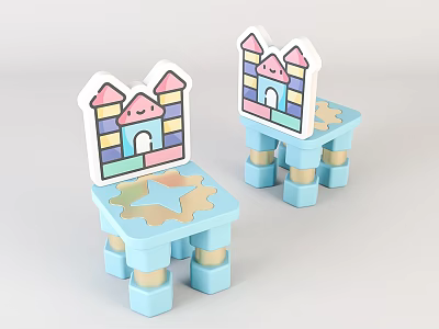 Colorful Kids' Chair With Castle Shaped Backrest Gear Decoration And Blue Seat 3d model