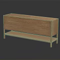 Oak Wooden Console Table With Rectangular Design Smooth Top Surface And Wicker Shelf Base 3d model