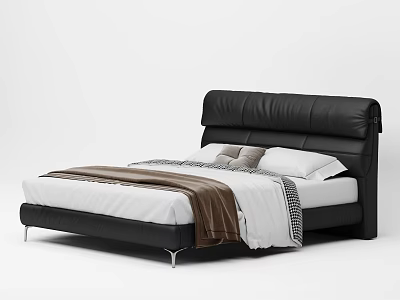 Modern Double Bed With Black Leather Headboard White Sheets And Brown Blanket 3d model