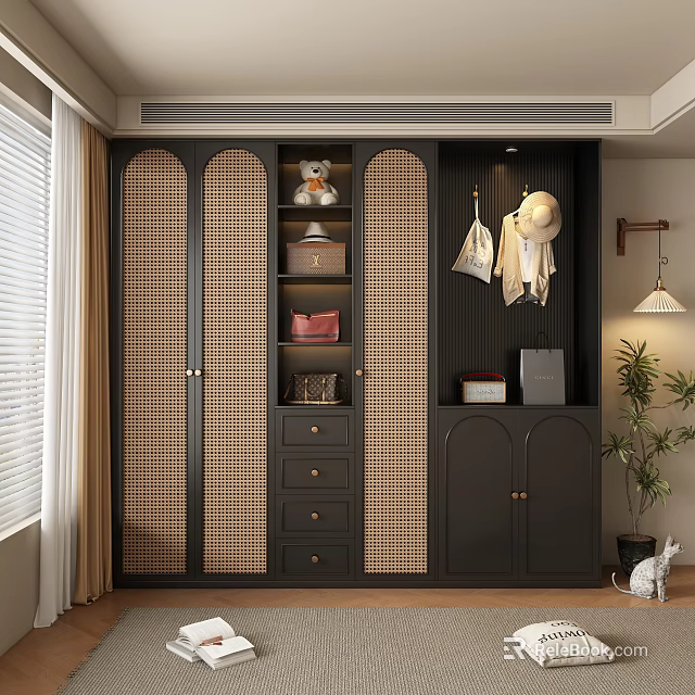 Modern Dark Wardrobe With Lattice Doors Drawers Open Shelves Hanging Space And Decorative Items 3d model 