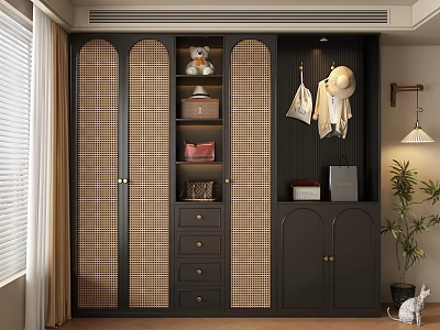 Modern Dark Wardrobe With Lattice Doors Drawers Open Shelves Hanging Space And Decorative Items 3d model