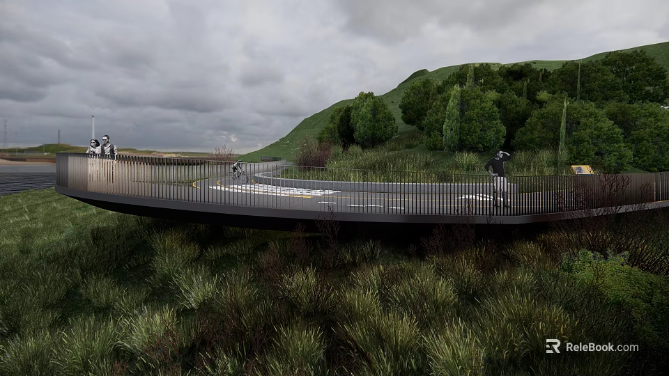 Modern Road Facility With Elevated Pathway For Pedestrians Cyclists And Green Surroundings 3d model 