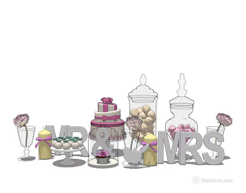 Wedding Decorative Ornament Set with MR MRS Letters Cake Candy Jars and Roses 3d model 