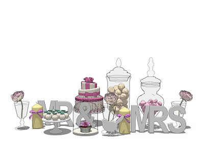 Wedding Decorative Ornament Set with MR MRS Letters Cake Candy Jars and Roses 3d model