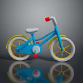 Blue Children's Bicycle With Yellow Rims White Seat Red Bell And Reflection