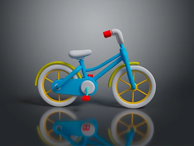 Blue Children's Bicycle With Yellow Rims White Seat Red Bell And Reflection 3d model