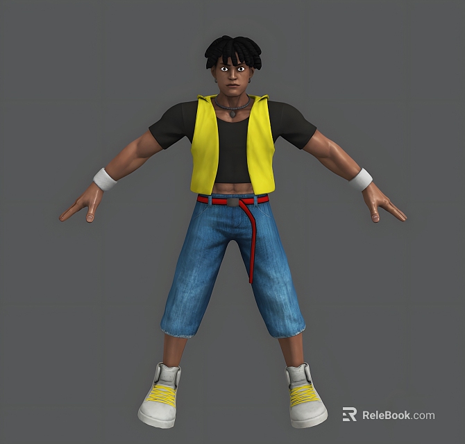 Man Wearing Black T shirt Yellow Vest Blue Jeans Red Belt White Wristbands and Sneakers 3d model 