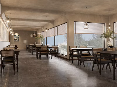 Modern Open Restaurant Interior With Large Windows Pendant Lights And Gray Floors 3d model