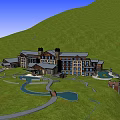 Rustic Mountain Hotel Building with Green Lawn Surrounding Trees and Scenic Views
