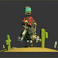 Low Poly Game Character With Green Goggles Riding Donkey In Desert With Cacti And Stones