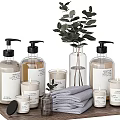 Daily Washing Essentials With Pump Bottles Candles Towels Eucalyptus And Wooden Shelf