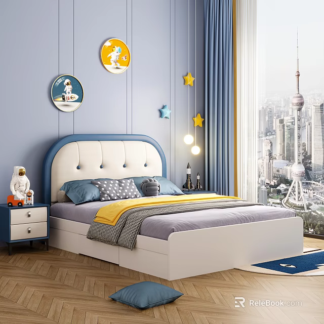 Kids Bed Blue White Upholstered Headboard Star Decor Round Cartoon Art Blue Bedroom City View 3d model 