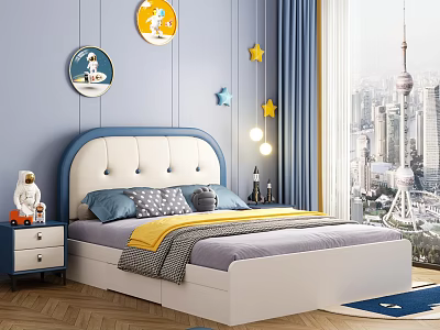Kids Bed Blue White Upholstered Headboard Star Decor Round Cartoon Art Blue Bedroom City View 3d model