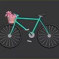 Turquoise Bicycle With Pink Basket Holding Pink Flowers Black Seat And Wheels