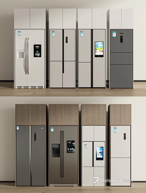 Modern Multi Door Refrigerators With Smart Screens Wood Grain Panels And Sleek Grey White Finishes 3d model 