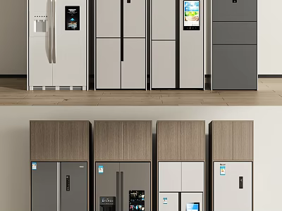 Modern Multi Door Refrigerators With Smart Screens Wood Grain Panels And Sleek Grey White Finishes 3d model