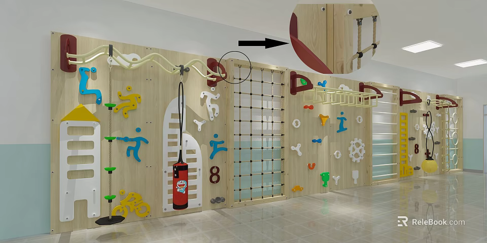 Kindergarten Wooden Climbing Wall With Colorful Sports Figures Rope Net And Rings 3d model 