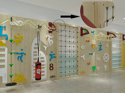 Kindergarten Wooden Climbing Wall With Colorful Sports Figures Rope Net And Rings 3d model