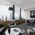 Modern Office Interior Design Featuring Open Layout Large Windows City View Sofa And Pendant Light 3d model