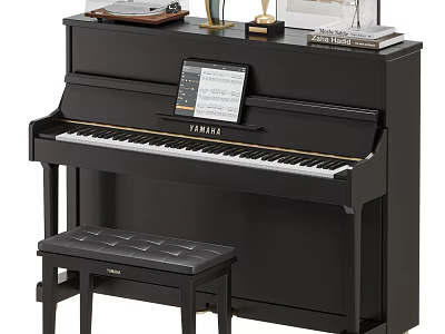 Black FARNESE Piano With Music Sheet Matching Black Bench And Decorative Items On Top 3d model