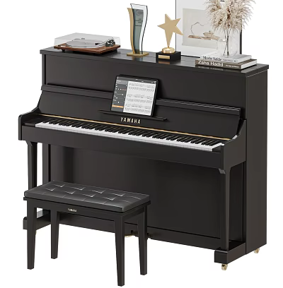 Black FARNESE Piano With Music Sheet Matching Black Bench And Decorative Items On Top 3d model