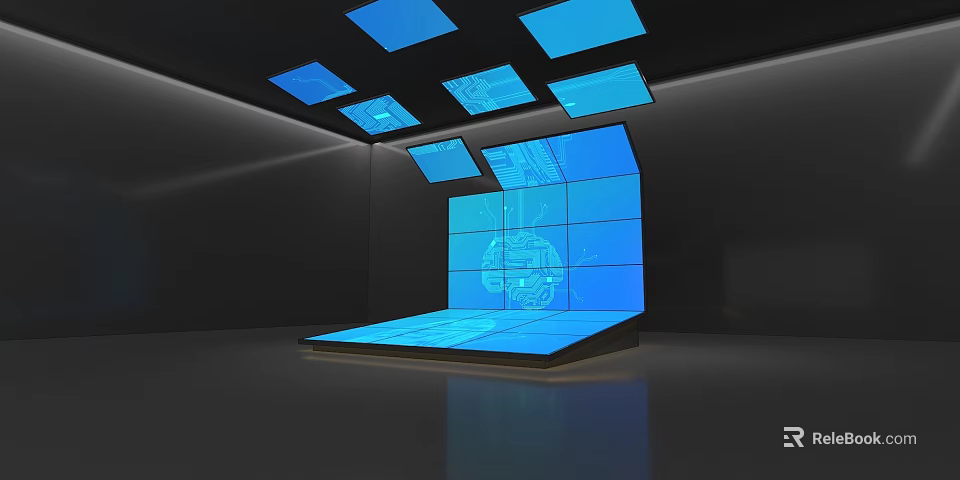 Computer Display Setup With Multiple Blue Screens And Interactive Digital Interface 3d model