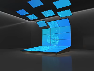 Computer Display Setup With Multiple Blue Screens And Interactive Digital Interface 3d model