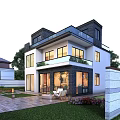 Modern Detached Villa Exterior With Large Glass Windows Balcony Garden Lawn And Stone Pathway