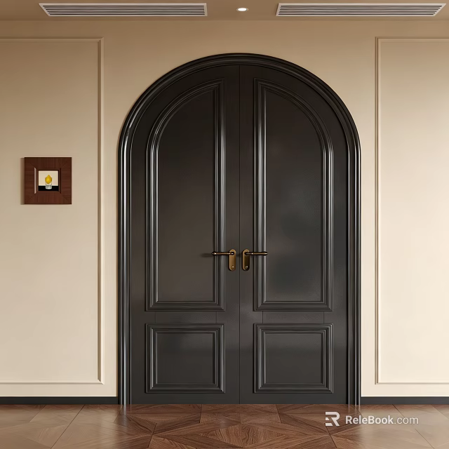 Arched Black Paneled Double Doors With Golden Handles And Light Colored Walls 3d model 