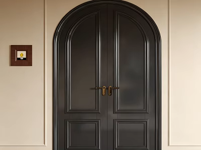 Arched Black Paneled Double Doors With Golden Handles And Light Colored Walls 3d model