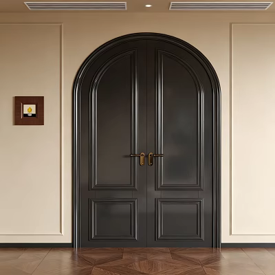 Arched Black Paneled Double Doors With Golden Handles And Light Colored Walls 3d model